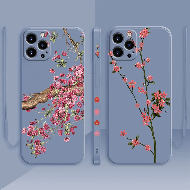 

Candy Color Square Liquid Silicone Case For iPhone 13 12 11 Pro Max Mini X XR XS Max 7 8 6s Plus SE Pink Red Beautiful Flowers