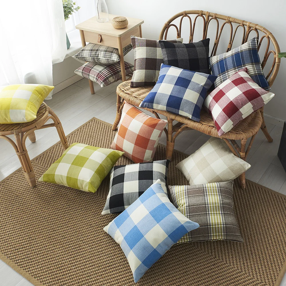

Throw Pillow Cover Cotton Linen Soft Plaid Decorative Square Cushion Case For Sofa Bedroom Car Home 45x45cm Cozy Pillowcase
