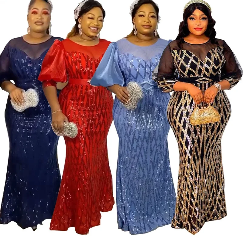 

dress Robe Femme Hiver African Dresses for Women 2023 Natale Dashiki Mesh Sleeve Sexy Christmas Party Sequin Bodycon Dress