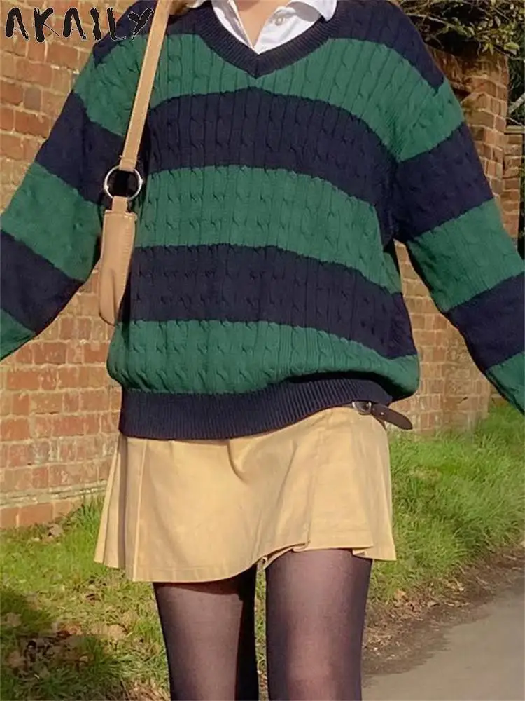 

Женский трикотажный свитер в полоску, с V-образным вырезом и длинным рукавом