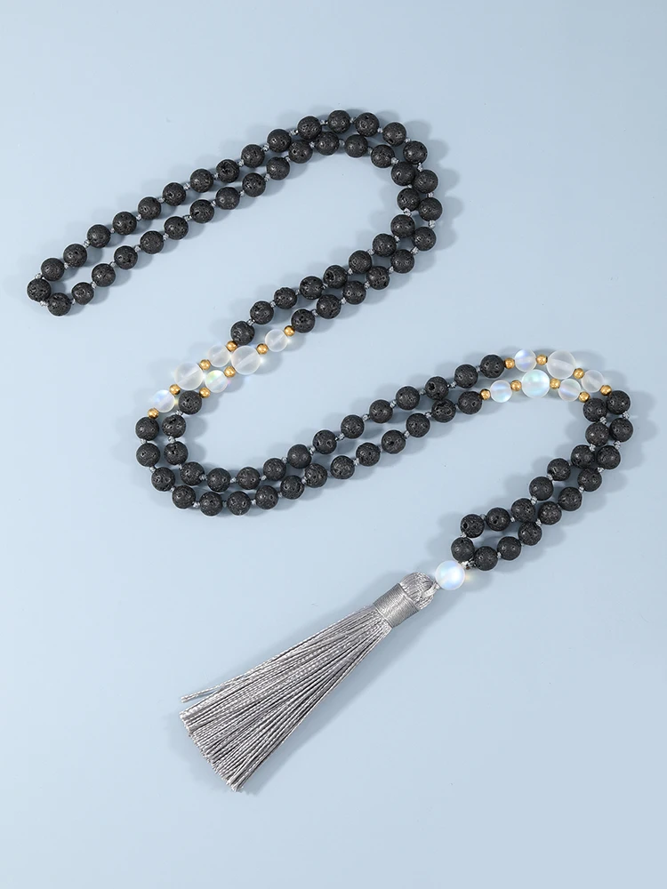 

YUOKIAA 6mm Lava 108 Beaded Mala Necklace Rosary Beads Japamala Meditation Yoga Bad Japa Jewelry for Women Men Free Bracelets