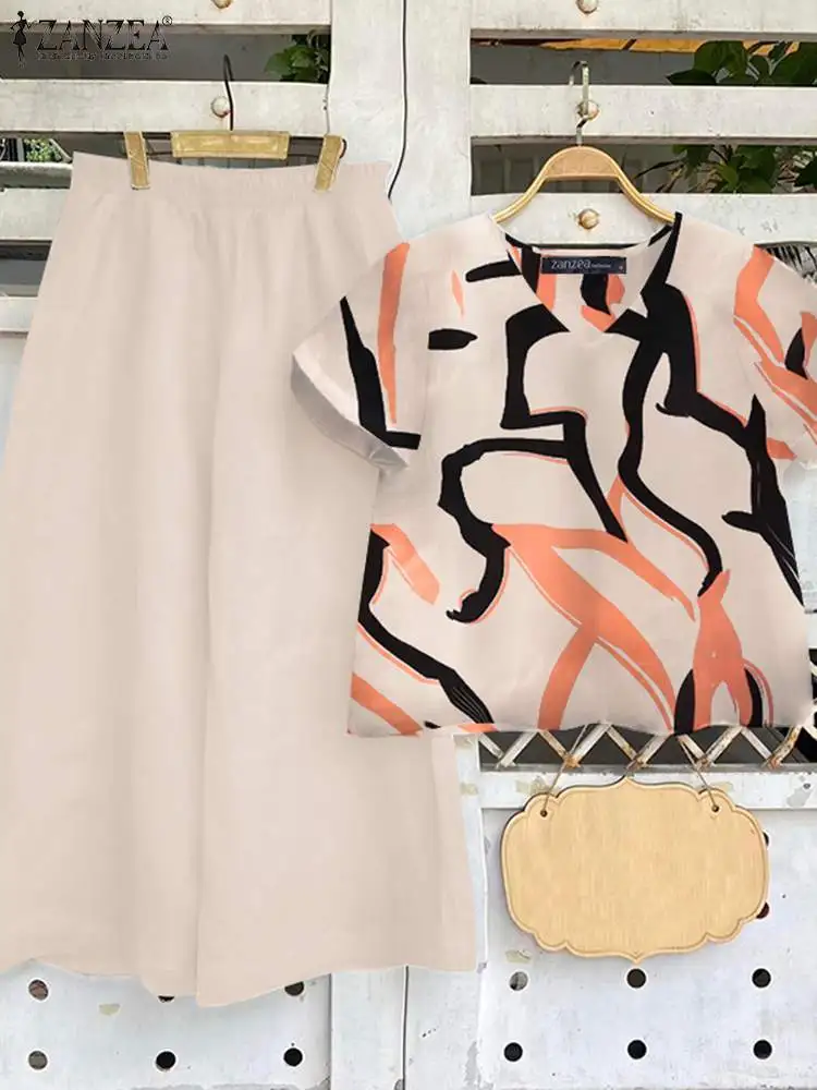 Костюм ZANZEA женский летний из 2 предметов блузка с коротким рукавом и брюки Модный