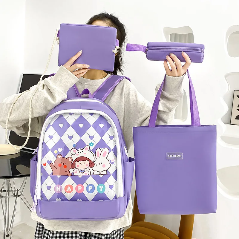 

Qyahlybz Kawaii 4pcs Set Girl Backpack Pupil Schoolbag Female Large Capacity Junior High School Backpacks For Students