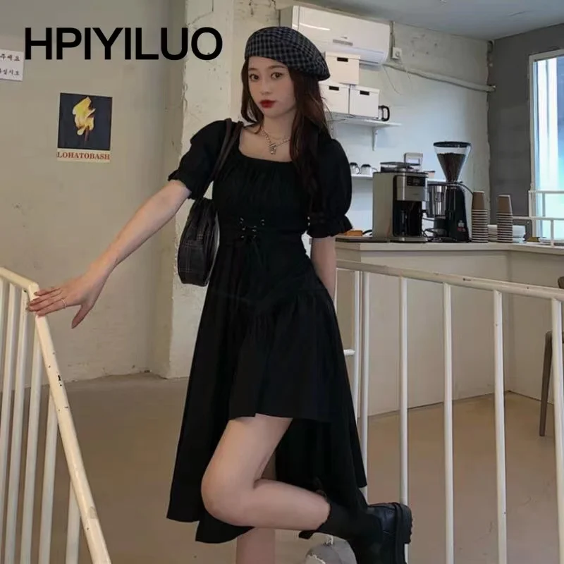 

Женское белое платье HPIYILUO, Осеннее элегантное винтажное миди-платье с пышными рукавами и квадратным вырезом, бандажный сарафан, готические ...