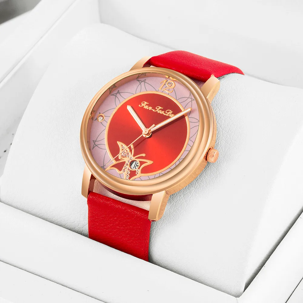 Simple Butterfly Crystal Dial Design Ladies Wristwatches Fashion Casual Women Flower Calendar Watches Woman Leather Quartz Watch