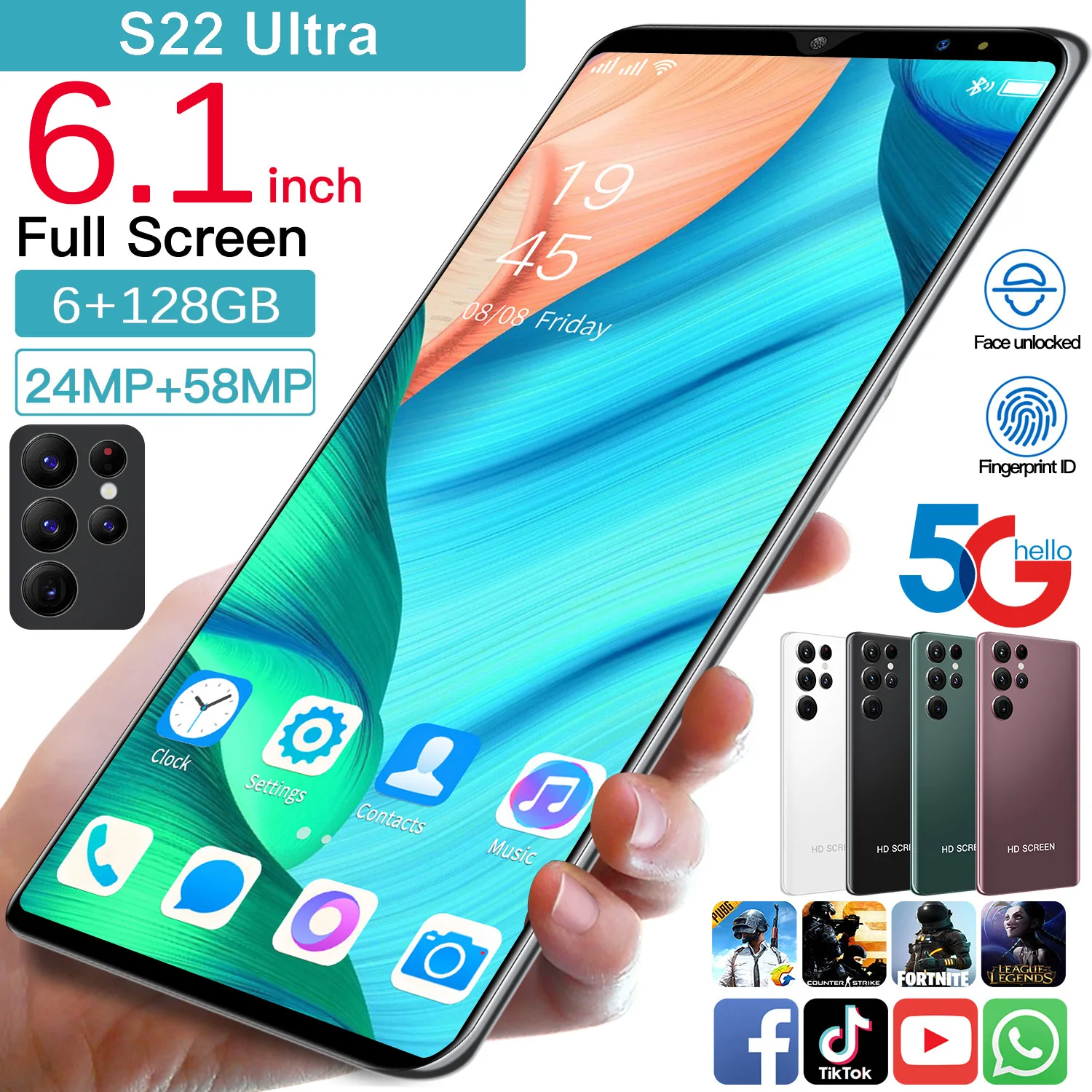 Смартфон S22 ULTRA 6 1 дюйма 4800 мАч + 128 ГБ 24 48 МП |