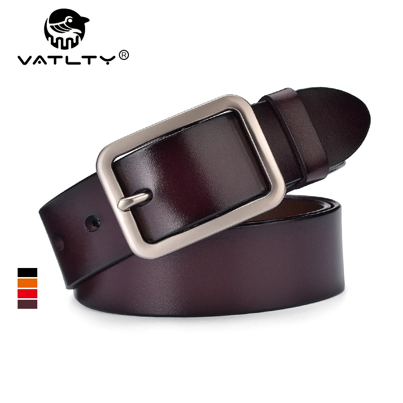 VATLTY 95cm-115cm Women's Leather Belt 33mm Natural Cowhide Alloy Silver Buckle Unisex Brown Belt Fashion Trousers Girdle Male