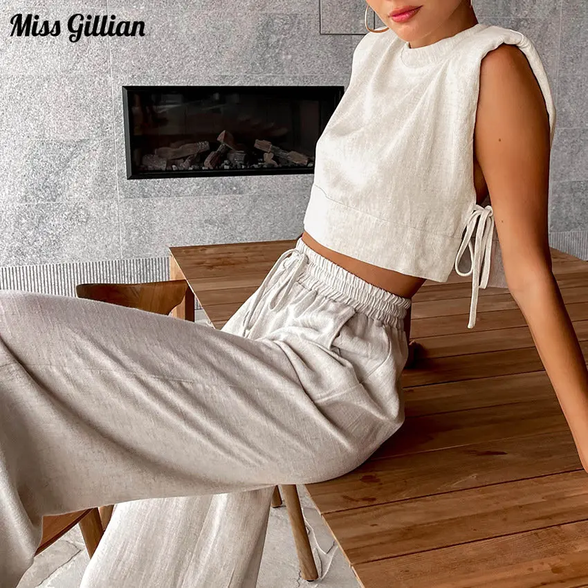 

Женский льняной Повседневный облегающий костюм, топ без рукавов на шнуровке и удобные широкие брюки, летние пляжные комплекты для отпуска 2023