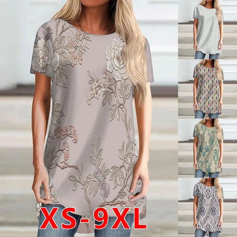 

Women's 2022 New Fashion Shirts 0-Neck Casual Summer Loose Print Plus Size Top T-shirt XS-9XL