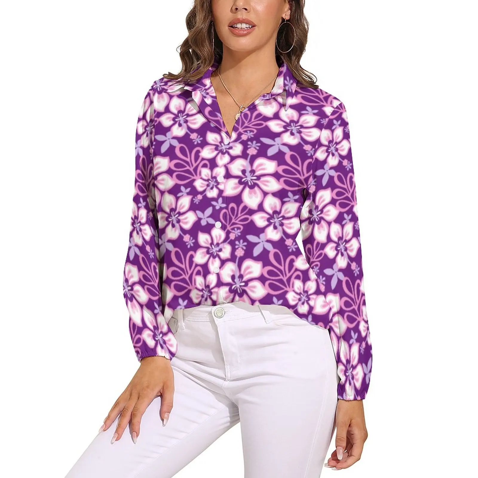 

Tropical Flower Blouse Hawaiian Print Elegant Design Blouses Woman Casual Shirts Autumn Long Sleeve Oversized Top