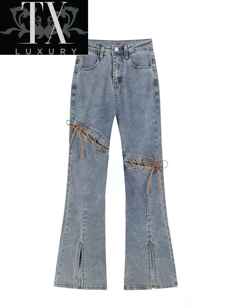 

2022 Y2k Gothic Punk Harajuku High Waist Slim Denim Long Trouser Women Slit Ripped Jeans Design Flared Pants Ins Streetwear New