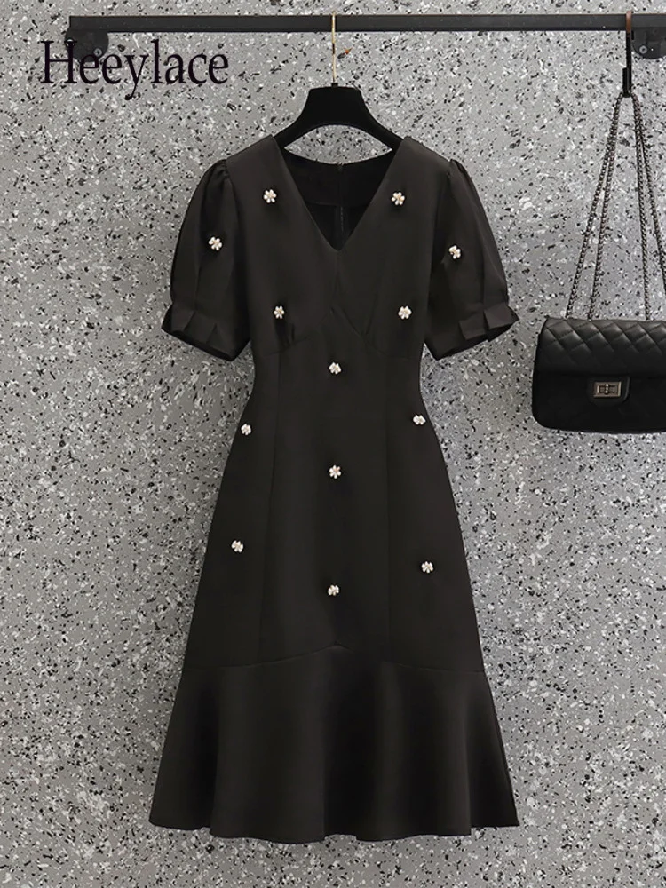 

Summer Mini Dress For Women French Vintage Mermaid Dresses V-neck Puff Sleeve Empire Zipper Evening Party Dress Women 4XL Dress