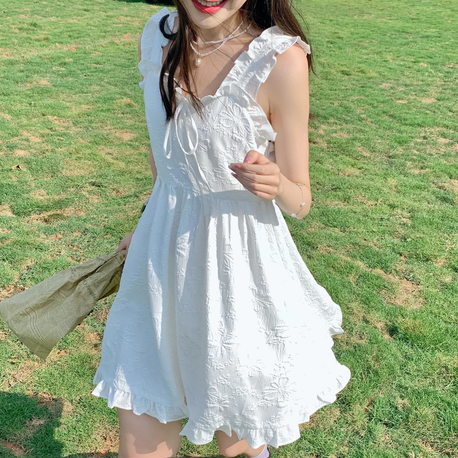 

Summer White Dress Women Sweet Square Collar Edible Tree Fungus Mini Dress Holiday Beach Leisure Spaghetti Strap Dress