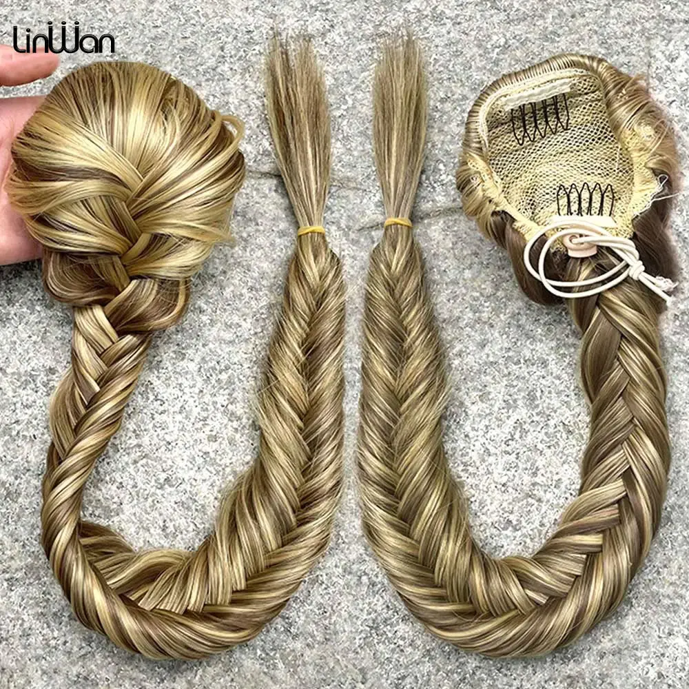 

Synthetic Braided Fishtail Fishbone Drawstring Ponytail Clip In Hair Extension for Women Ombre Pink Fishbone Braid Ponytail