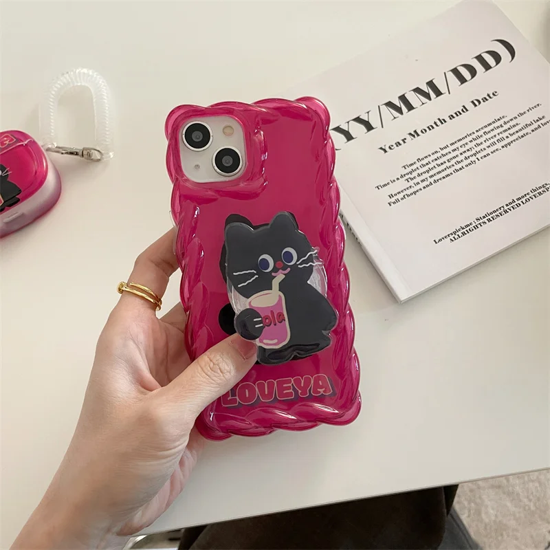 

With Bracket Black Cat Cartoon Phone Case For iphone 14 11 13 12 Pro Max Anti-Scratch Shockproof Braided Border Cellphone Cover