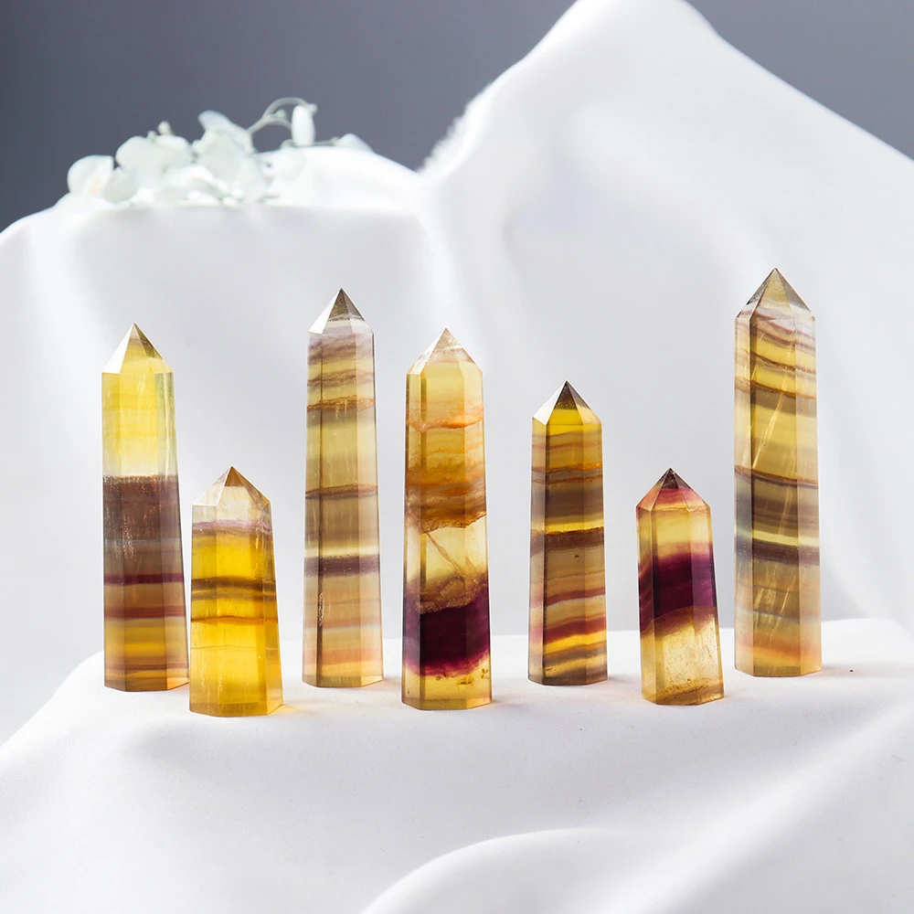 

Mineraali 4-8cm Natural Crystal Striped Yellow Fluorite Tower Reiki Crystals Magic Point Meditation Home Decor Collection Gifts