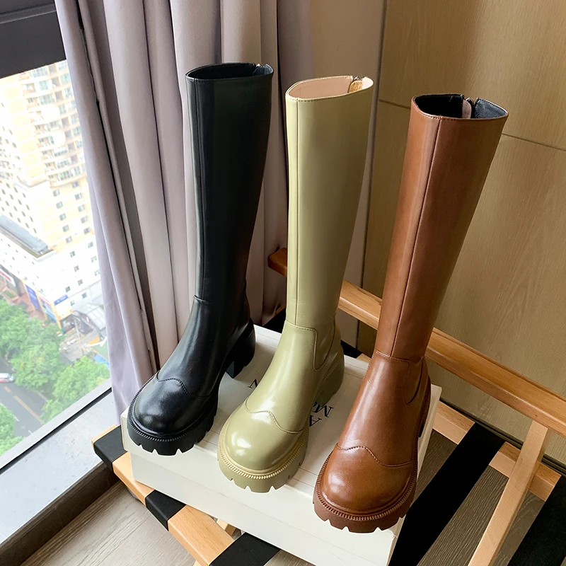 

Autumn and winter Women knee-high boots natural leather 22-24.5cm cowhide upper full leather Knight boots back zip modern boots