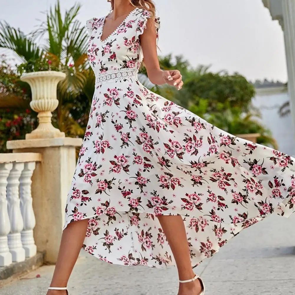

Sweet Dress High-low Hemline Female Dress High Cut Trendy Ladies Summer Flower Print Dress V-neck Waist Tight for Daily Wear