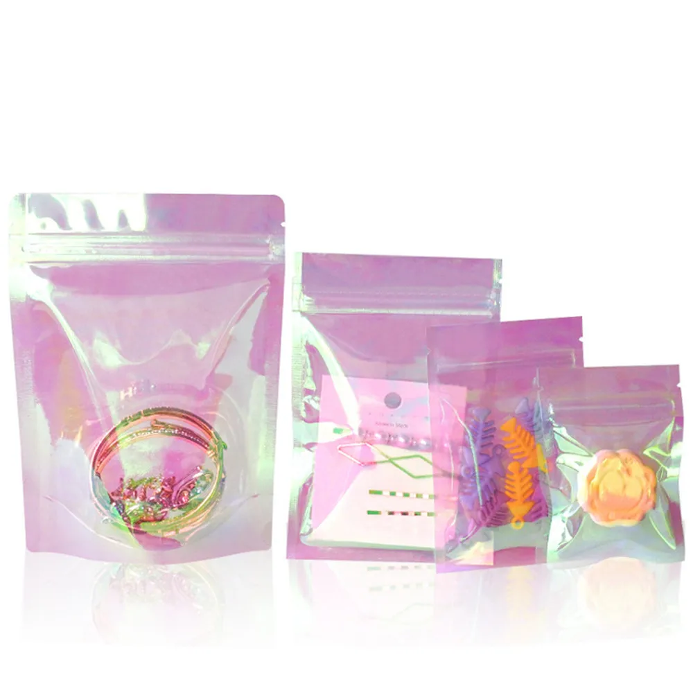 

100Pcs Wholesale Rainbow Transparent Reusable Zip Lock Plastic Laser Holographic Makeup Bag Food Zipper Bags