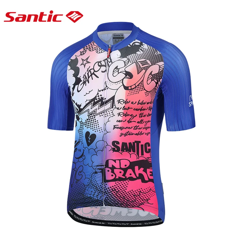 Santic Men Cycling Short Sleeve Summer MTB Bike Shirts Full Zipper Breathable  Bicycle Sports Print Graffiti Clothing Asian Size