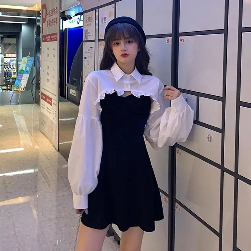 

WDMSNAWDMSNA Spring Women Sexy Black Spaghetti Strap Dress and White Long Sleeve Blouses Crop Tops Korean Fashion Mini Vestidos