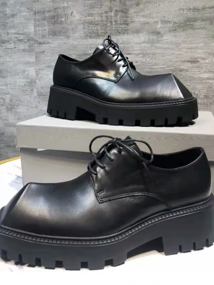 

New Fashion Men Lace Up Square Toe Thick Platform Genuine Leather Dress Shoes Designer Autumn Wedding Party Groom Formal Shoes