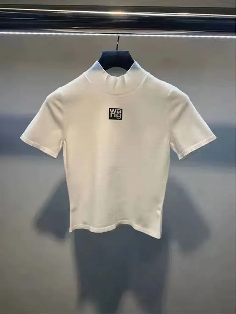 Sexy Slim-Fit Knited Tshirts for Women 2022 Summer New Print Letter Pullover Short Sleeve T-shirt Female Crop Tops Graphic Tees