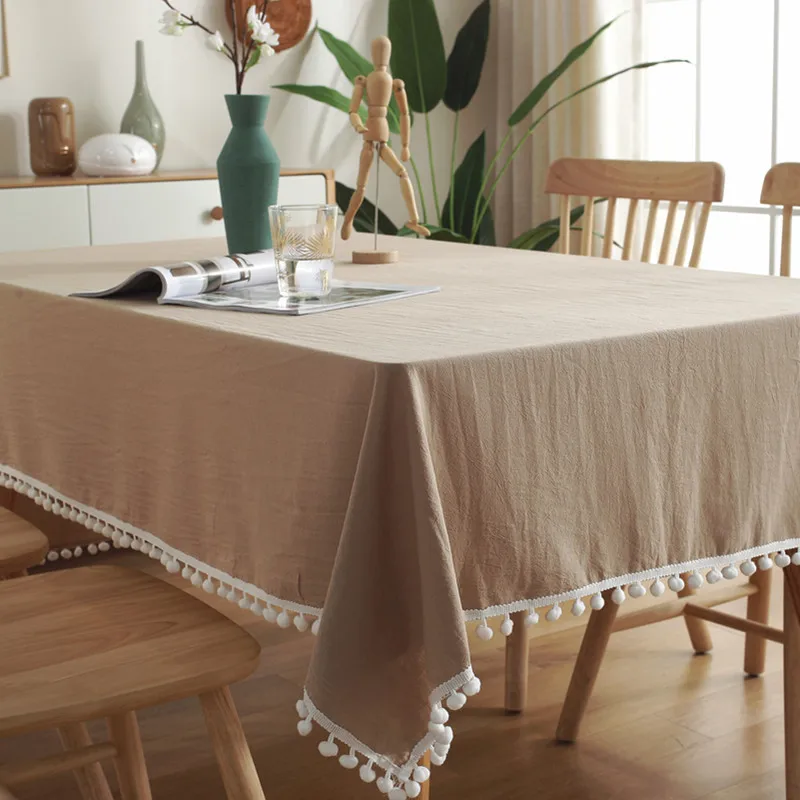 Mantel con borla de bola de piel de Color puro, paño de mesa de banquete de algodón lavado Simple, cubierta de mesa de armario de TV, toalla de tamaño personalizado