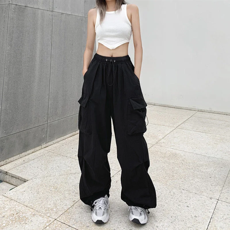 Women Wide Leg Gargo Pants Harajuku Parachute Drawstring Streetwear Joggers Tech Pants Female Hip Hop Pockets Oversize Trousers