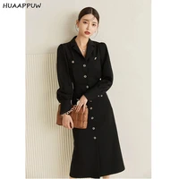 simple commuter solid color suit collar dresses 2022 summer and autumn new temperament waist slim mid length a line dress
