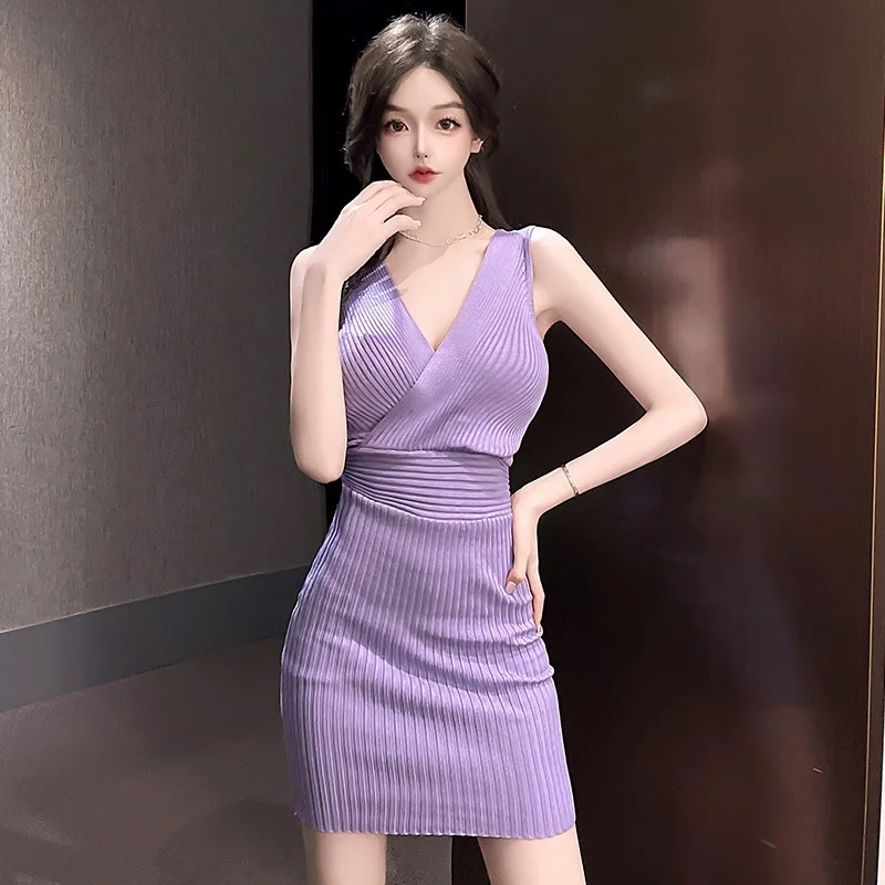 

#3241 Black Pink Purple Backless Knitted Dress Women Sleeveless Irregular Mini Dress Sexy Club Wear Strapless Sweater Dress Slim