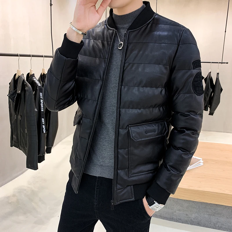 

YASUGUOJI New Fashion Cotton-padded Men's PU Leather Jacket Casual Slim Fit Jacket Men Warm Parka Mens Winter Jackets and Coats