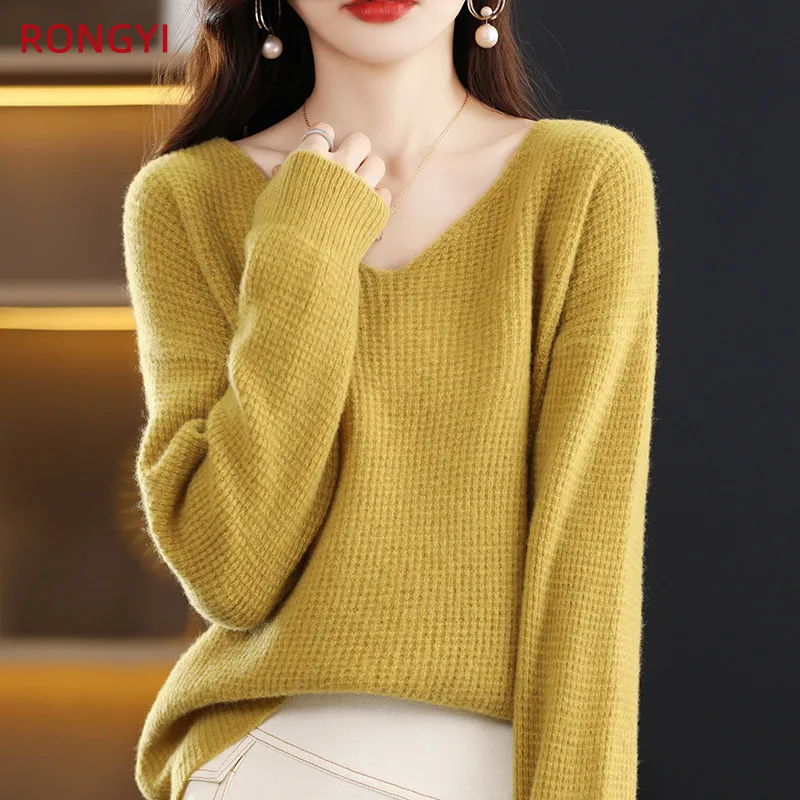 

RONGYI 22 Autumn And Winter New Cashmere Sweater Women's V-Neck 100% Wool Pullover Loose Knitted Thick All-Match Bottoming Top