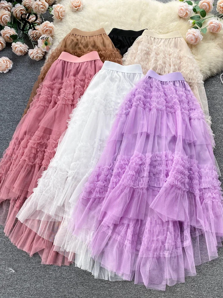 

LIRUICHENG Irregular Mesh Ruffled Women Skirt Summer 2022 Elastic Waist Vacation Temperament Ladies A Line Chic Long Skirt