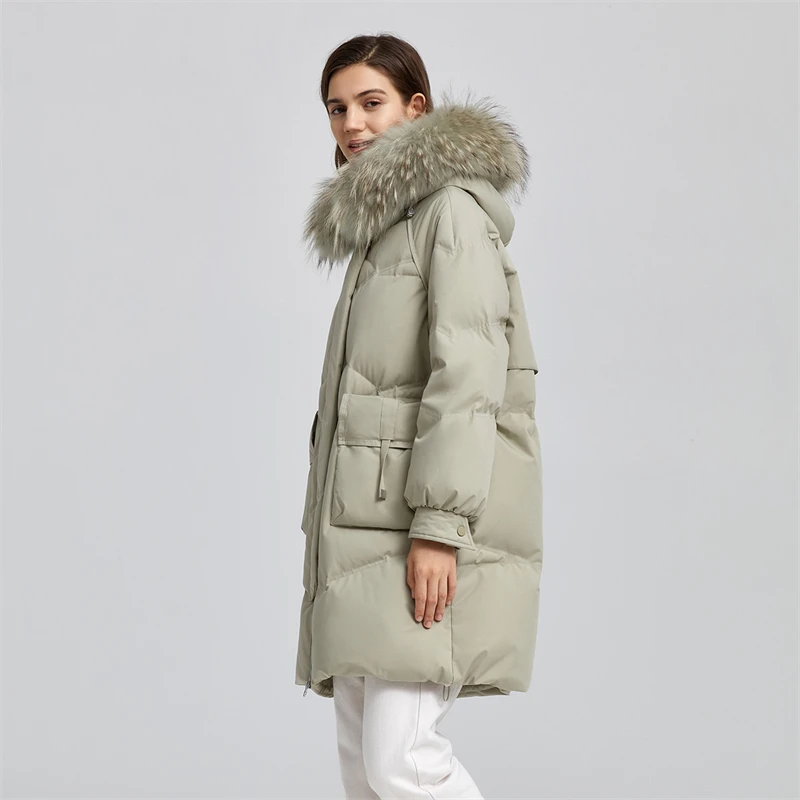 TANBOER Women's Warm Long Racoon Dog Fur Hooded Anti-wrinkle Breathable Plus Size Goose Down Coats Outwear TB211658