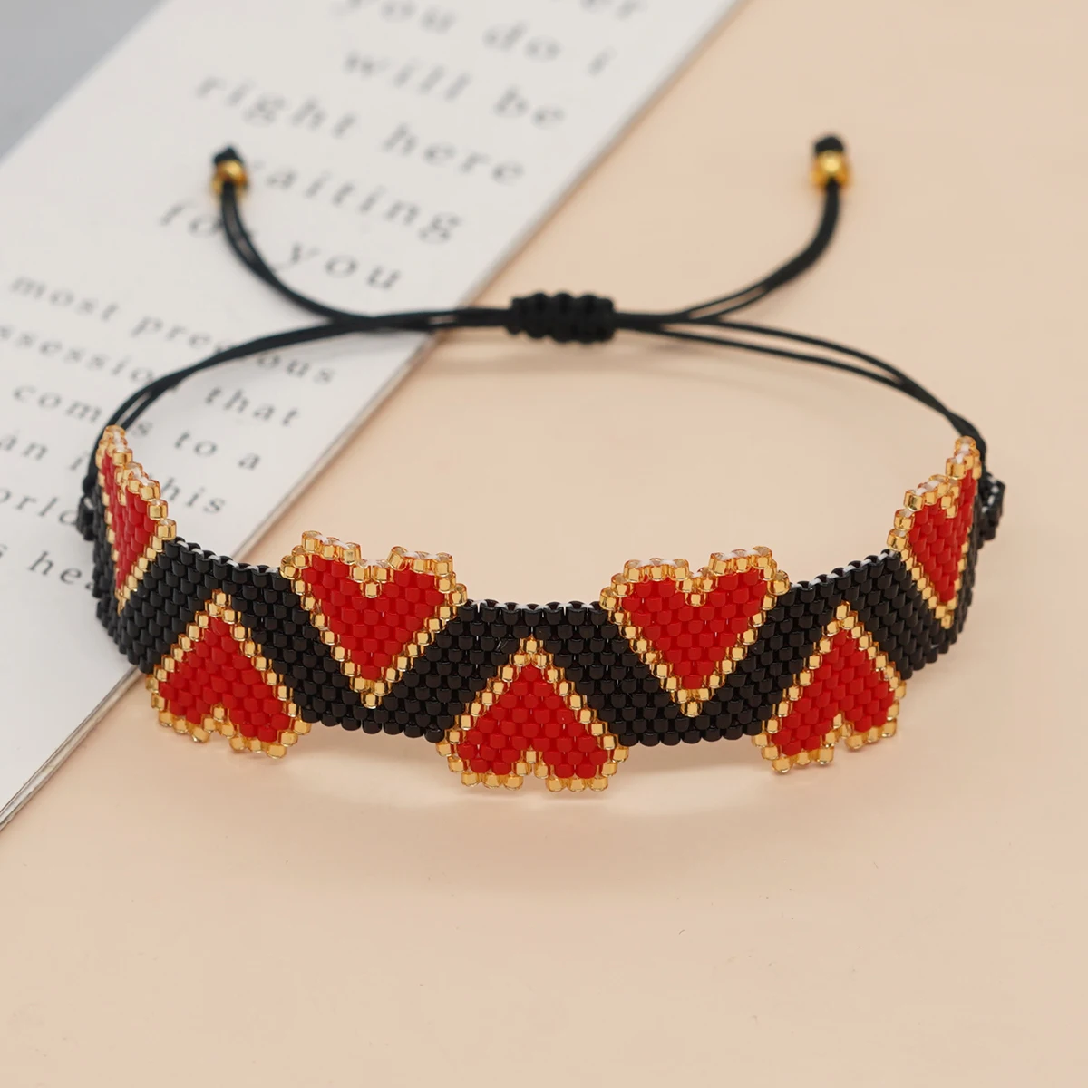 

Miyuki Bracelet Adjustable Rope Chains Bangle Black Beaded Red Heart Bracelets Waterproof Summer Jewelry for Women Men Pulsera