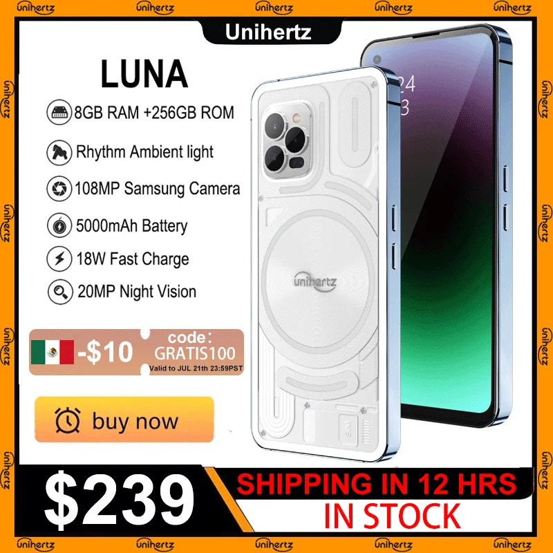 Unihertz Luna Smartphone Rhythm Ambient LED strip Music Phone 8GB RAM 256GB ROM 108MP G99 Mobile Phone Night Vision Cellphone