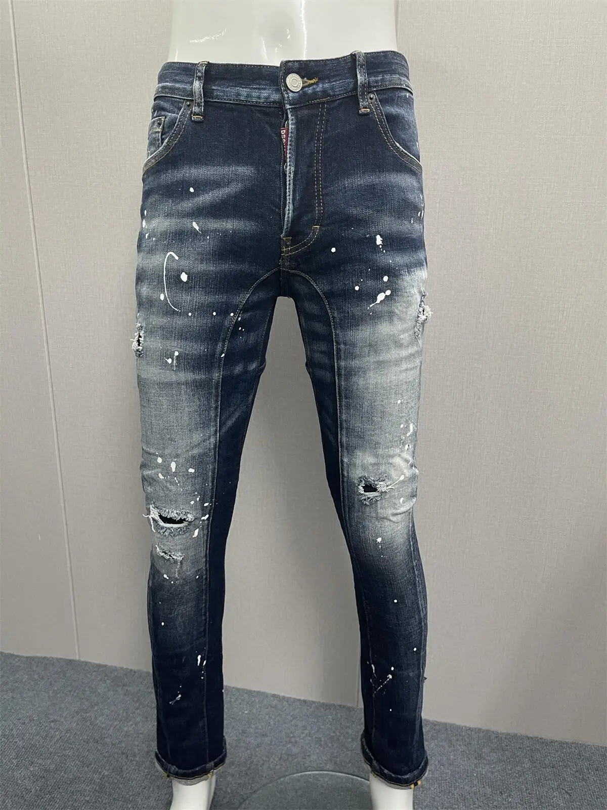 

2023 New D2 Jeans Long Pants Men's Slim Fit, Water Wash, Casual All Over Paint Dots, Slightly Elastic Small Foot Hole Patches