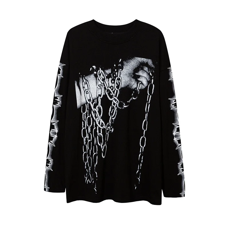 

Hip Hop Punk Gothic T-shirts Harajuku Loose Streetwear Tshirt Hand Chain Print T Shirt Fashion Casual Long Sleeve Oversized Tops