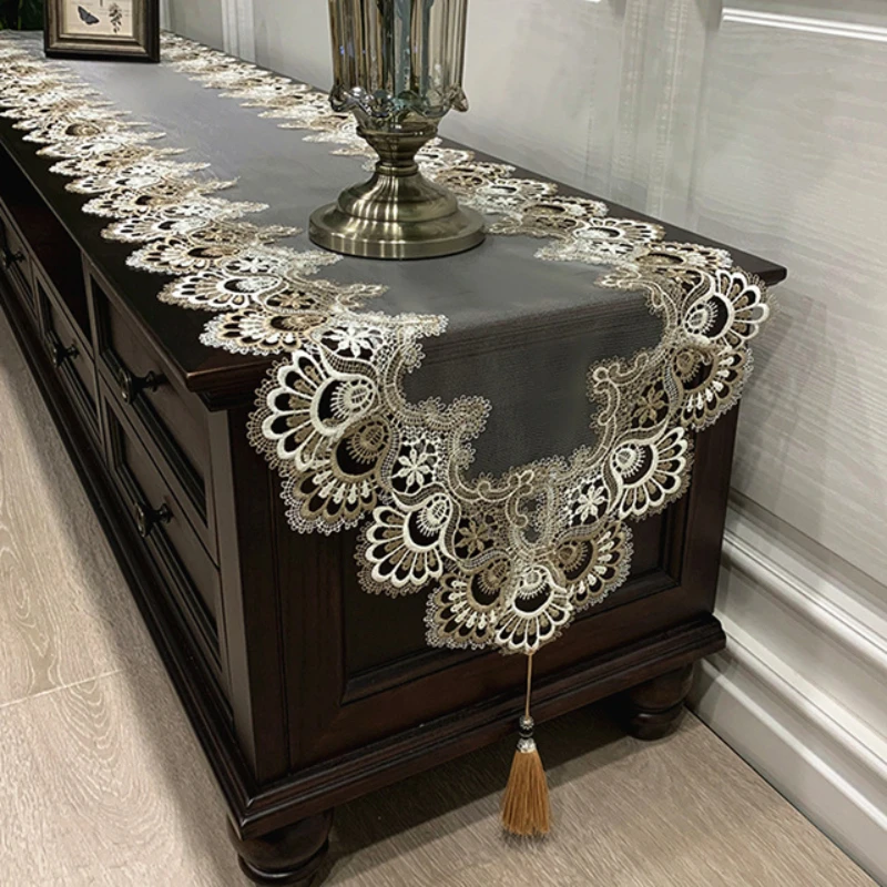 Lace Table Runner Embroidered TV Cabinet Tablecloth Manteles De Mesa Pendant Tassel Dresser Table Dust Cover Decoration for Home