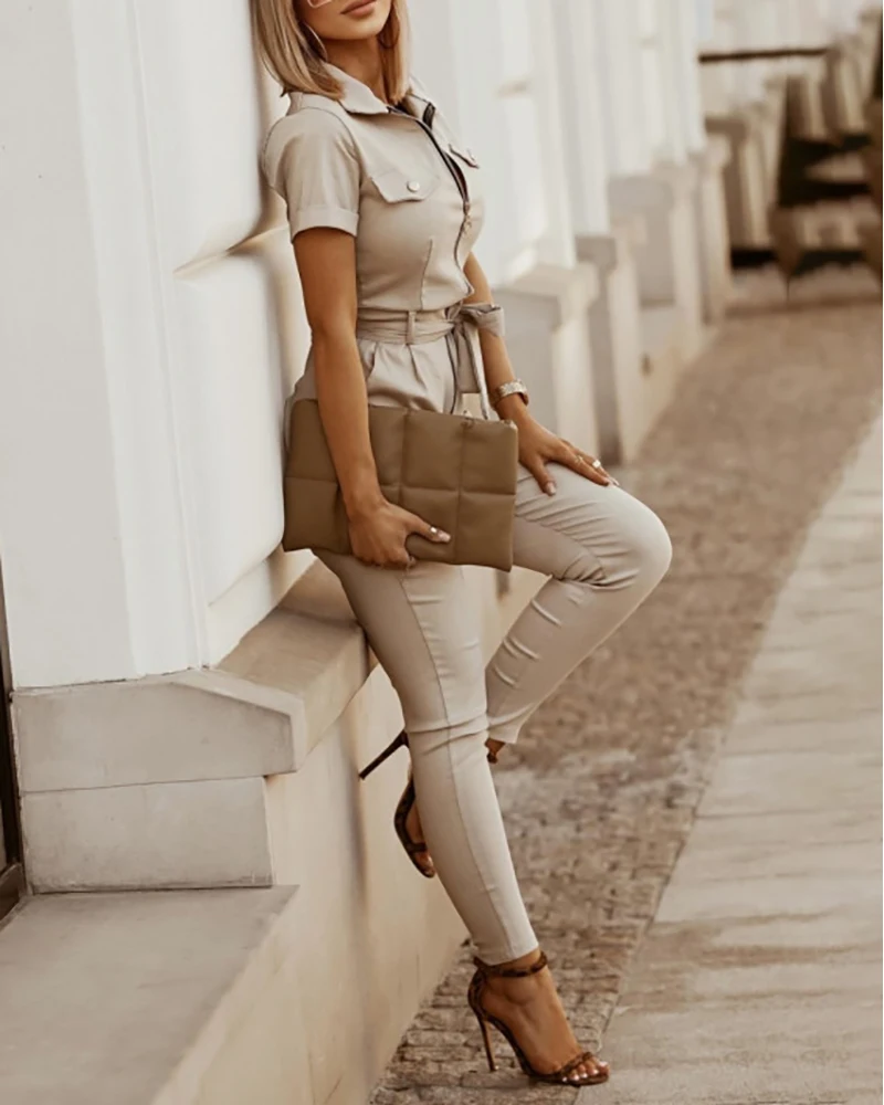

Women's Clothing Light Khaki Casual Cargo Short Sleeve Jumpsuit Zipper Pockets Turn Down Neck High Waist Jumpsuits Pants
