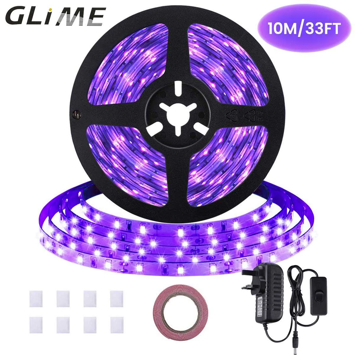 

GLIME 33ft/10M Led Light Strip Flexible 12V 2A UV Purple 600 Leds for Home Party Stage Gallery Christmas Halloween Decor US Plug