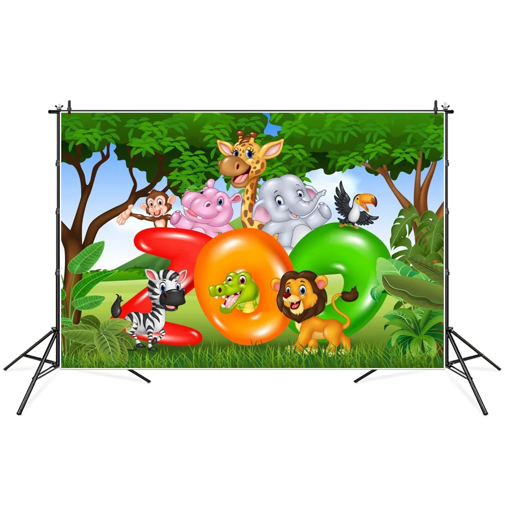 

Jungle Zoo Animals Safari Party Photography Backgrounds Custom Baby Birthday Decoration Green Grassland Forest Photo Backdrops