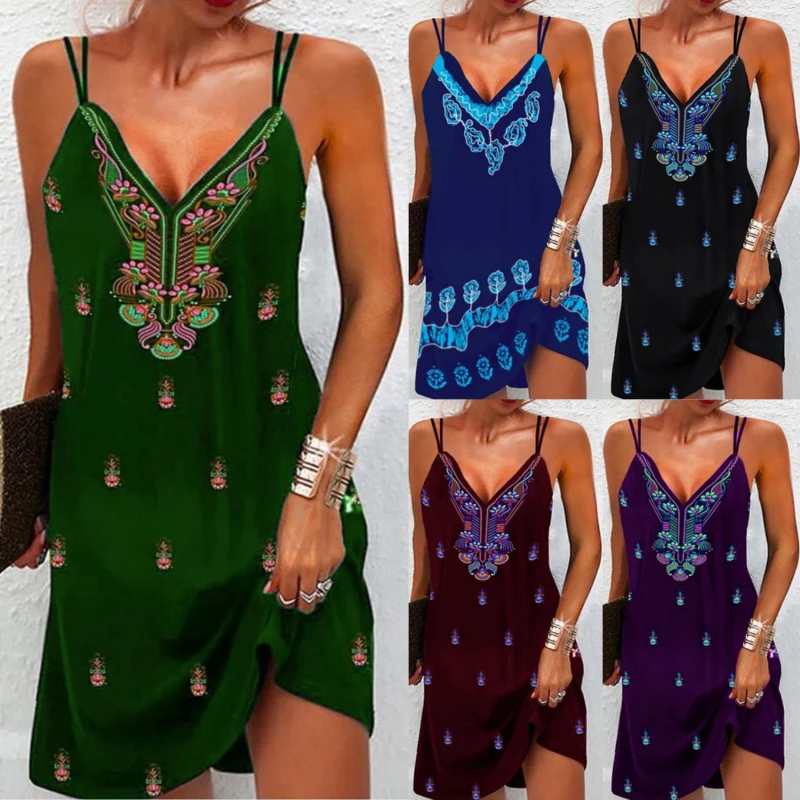 

Summer Elegant Women's Clothing Bohemian Sling V-Neck Dress Casual Loose Vintage Beach Sleeveless Print Sexy Fashion Party Dress