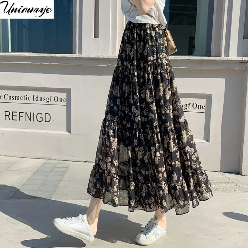 

Floral Print Pleated Midi Chiffon Skirt Women High Waist Skirts Summer 2023 Elegant Female Bottom Jupe Femme Korean Fashion J484