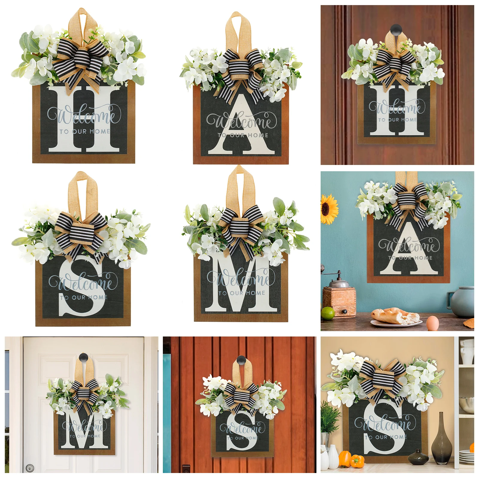 

Last Name Front Door Wreath Creative Last Name Welcome Sign Rustic Letter Farmhouse Wreath with Bow Tie and Eucalyptus Wreath