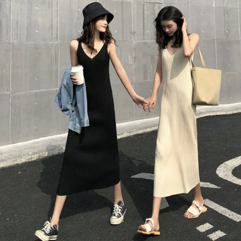 

Женское трикотажное платье без рукавов, повседневное длинное эластичное платье на бретельках с V-образным вырезом в Корейском стиле, лето 2023