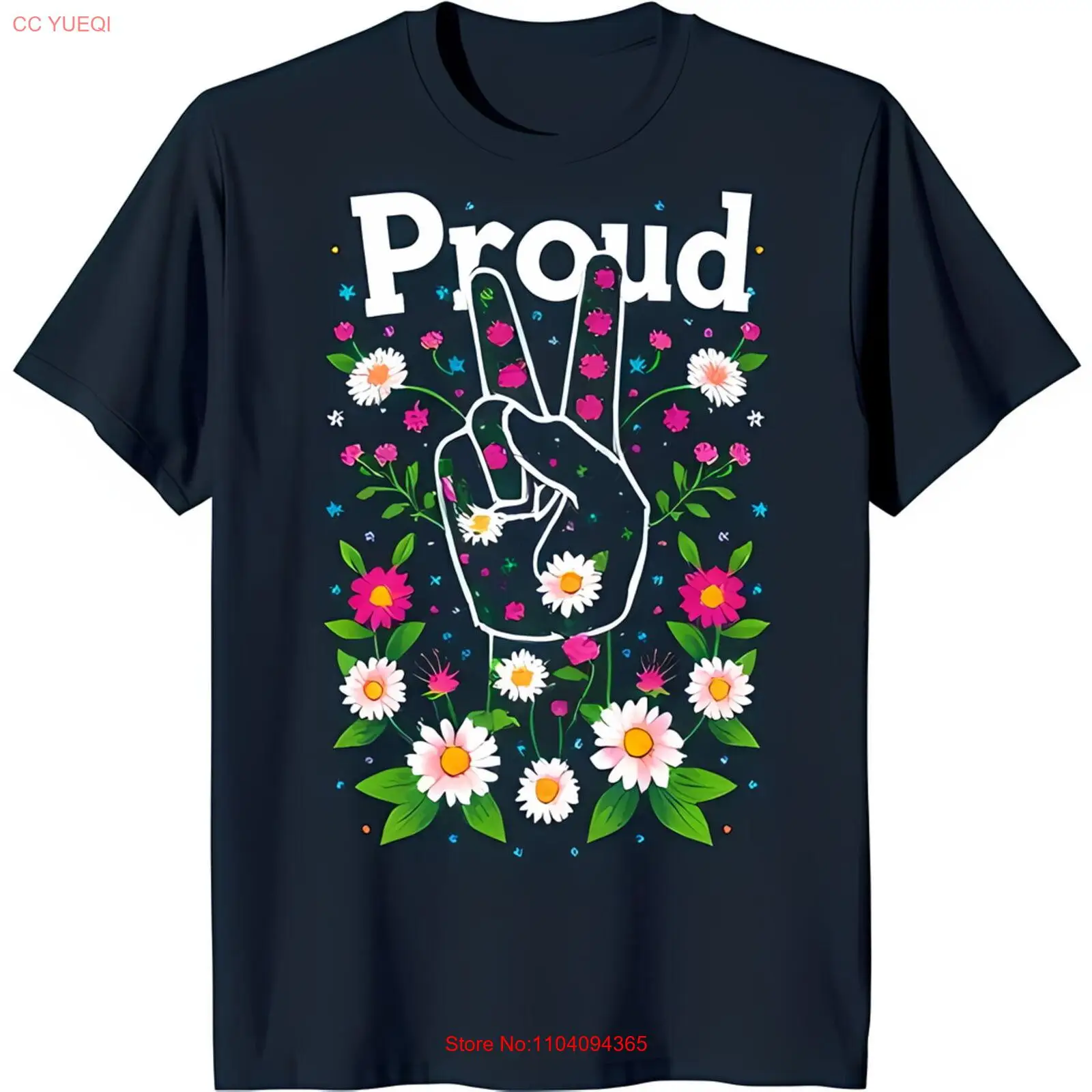 Черная футболка с белой контуром Знак мира и красочным цветочным дизайном |