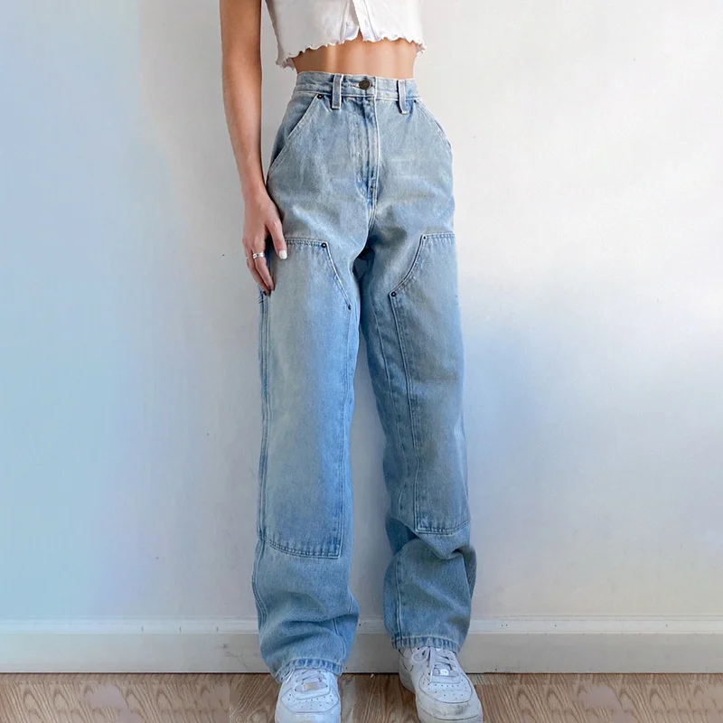Women's Autumn New Casual Straight Denim Pants 2023 Baggy Jeans Mom Fit High Waist Loose Light Blue Jean Pocket Patchwork Female