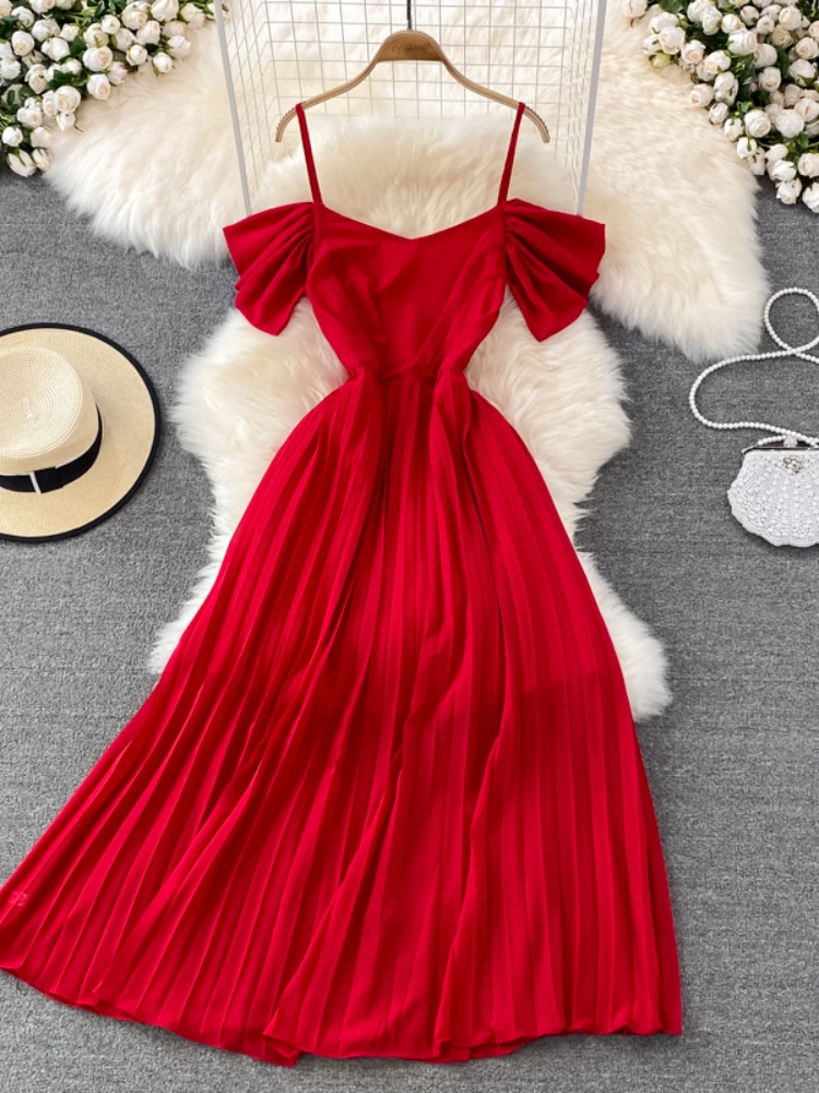 

FMFSSOM Backless Pleated Dress Women Summer Holiday Red Flying Sleeve Cascading Ruffle Casual Knee-Length Beach Style Dresses